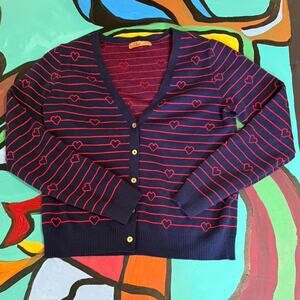 Navy & Red Heart Striped Cardigan Preppy Nautical Teacher Valentine's Day